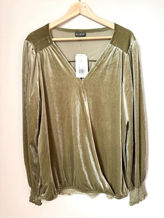 Wonderly Tops - Wonderly Velvet Fall Olive Faux Wrap Long Sleeve Blouse NWT XL